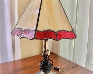 $60 Vintage lamp with red white shade.  11.5" diam, 16" H. 