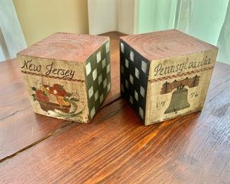 $20 Pair Roberta Ross signed hand painted blocks.  3.5" cubes. 