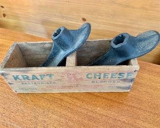 $40 Pair of shoe molds in vintage Kraft Cheese box.  Box 12" W, 4" D, 4" H.  Shoe molds each 9" L. 