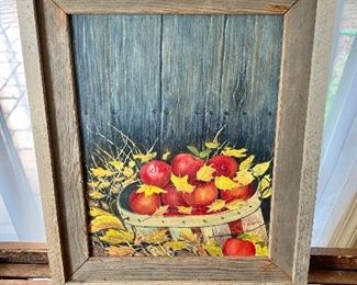 $150 C.H. West signed painting of apples on wood.  19.5" W x 23.5" H. 
