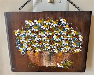 $30 Dyer signed floral painting on wood.  11.5" W x 9" H. 