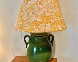 $95 Green double handle crock table lamp - 1 available.  8" diam, 24" H. 