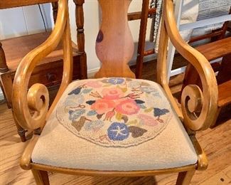 $160 Vintage arm chair with needlepoint seat.  21" W, 18" D, 35" H. 