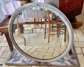 $75 Vintage round mirror, white painted wood.  26" diam. 