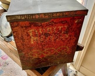 $50 Vintage Purity Pretzel Co. tin box.  10.5" W, 10.5" D, 11.5" H. 