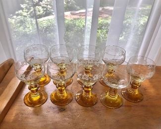 $75 Vintage etched glass goblets (9).  Each 3.5" diam, 5.5" H. 