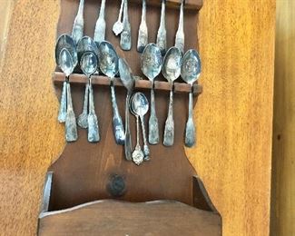 $95 Vintage spoon collection and rack.  Rack 9.5" W, 4" D, 20" H.  