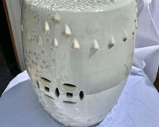 $150 One left!  White on White Chinoiserie Ceramic Garden Stool. 8"H x 11.5"D