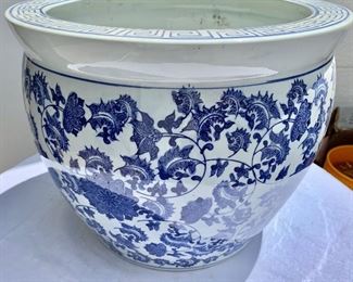 Detail; Blue and white planter.  Two available 12.75"H x 16"D