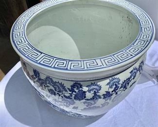 Detail; Top view. Blue and white planter.  Two available 12.75"H x 16"D