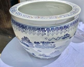 $150 each. Blue and White Chinoiserie Ceramic planters 13"H x 16.5"D