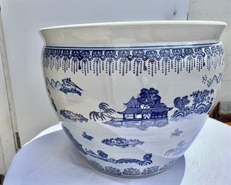 Detail; Additional view. Blue and White Chinoiserie Ceramic planter.  13"H x 16.5"D