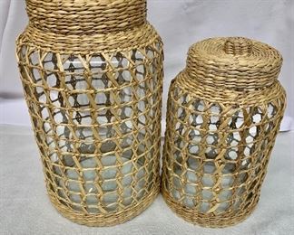 $40 Pair of glass jars with netting decor