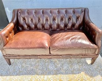 $495! One left!  Chocolate brown leather tufted back sofas with nailhead trim. 33.5"H x 30"D x 65"W