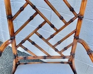 Detail; William Sonoma Chippendale style arm chair, with off white seat cushion.  Two available. 37"H x 20"D x 23"W