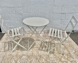 $80 each 3-piece bistro set: Metal, folding  cafe table and two chairs.  4 sets left!  Table: 27.25"H x 24"D.  Chair 32.5"H x 15.5"D x 15.5"W