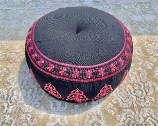 $50 Black cotton pouf with pink embroidery. 12"H x 24"D