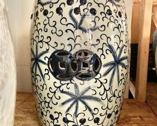 $15O ONE AVAILABLE Blue and white Chinoiserie ceramic garden stool 18"H x 11"D