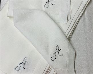 $6 each - 30 available! White linen dinner napkins with rhinestone "A" monogram