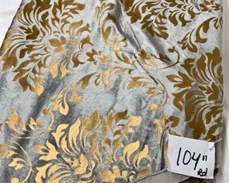 $60 each - Silver velvet damask with gold embossing round tablecloth - 104” round -Qty 4 -Unlined