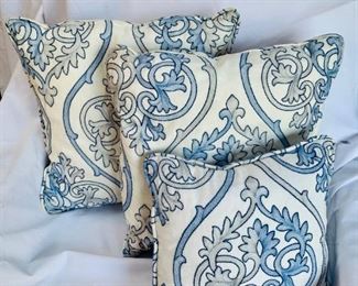 $80 for set of 3 custom down filled pillows - (2) 18” square embroidered cotton pillows with zipper closure; (1) 14” square pillow with zipper closure