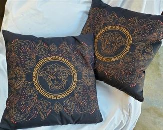 (#1 of 2)Pair of 23" square printed canvas pillows, down inserts - $40