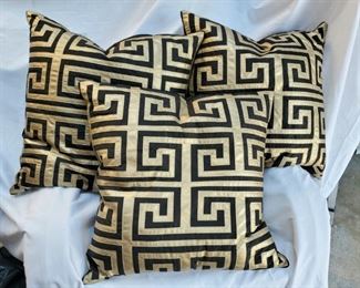 3 24" black silk and gold appliqué pillows, down inserts, some wear (flaking) to the gold fabric