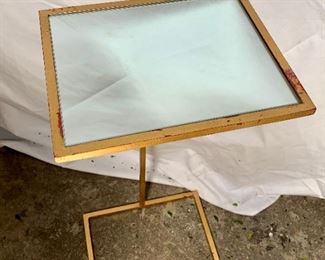 $40 each - (7) mirror topped gold side cocktail tables - 12”d x 10”w x 26”h; stackable; distressed gold finish with red undertones; stackable with mirrored tops removed