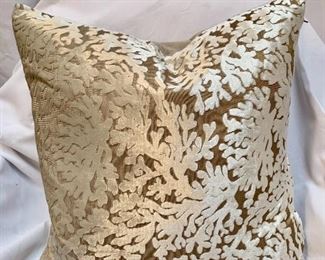 $130; Pair of custom cut velvet “coral” design pillows; feather & down insert; zipper closure; approx 18” x 18”
