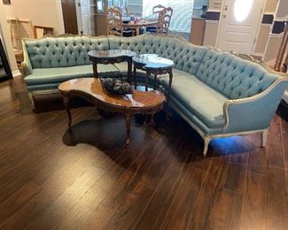 Antique beautifully preserved sectional sofa recovered! 3 matching carved burled mahogany unusual tables!