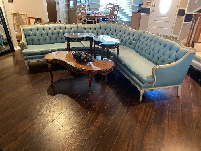 Antique beautifully preserved sectional sofa recovered! 3 matching carved burled mahogany unusual tables!