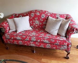 #36 - Red Upholstered Camel Back Sofa
