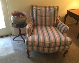 Arm chair in raspberry/green stripe fabric