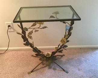Quaint glass top table with metal flowers 18" x 12" top