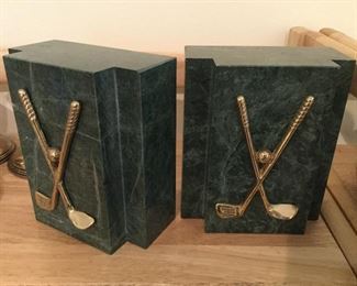 Green marble bookends w/golf club accent