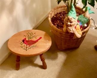 Hand painted cardinal on wooden stool and a vintage c.1960's ceramic Gnome 