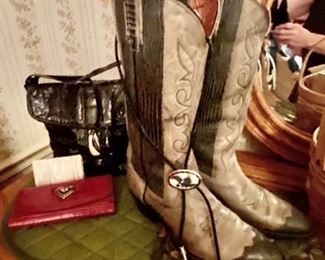 2-Toned, Charcoal & Light Gray Cowboy Boots (Mens Size 8), Genuine Black Eel Skin Purse, and a Turquoise Bolo Tie 