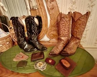 DAN POST Black Genuine Leather Cowboy Boots with White Stitching (Mens Size 8), TEXAS BOOT COMPANY 2-Toned Brown Leather Boots (Mens Size 8), Belt Buckles, Leather & Suede Wallets, and a Suede Pistol Clip-on Holder
