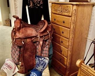 Old Leather Saddle, Flannel Shirts, farm & co-op hats & t-shirt, Solid Oak Lingerie Cabinet 