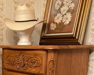 "FORMOSAN XXXXX" Cowboy Hat with Black Band, Size 6-7/8" and a Signed Oil on Canvas, "Daisies," Framed Art
