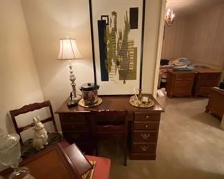 Large Framed Abstract Art, 5-Drawer Mahogany Desk and 2 Antique Mahogany Side Chairs