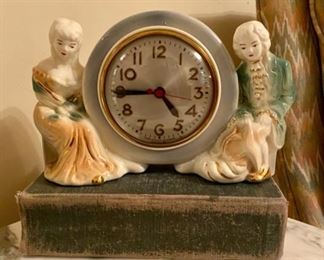 Sessions, Model W, Porcelain Vintage Mantel Clock with Victorian Figurines, Art Deco