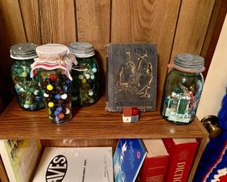 Blue Mason Jars full of Antique Marbles & Matches
