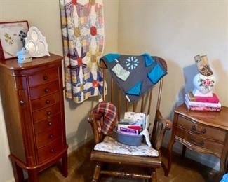 Cherry Wooden Jewelry Chest, Handmade Quilt, Solid Wooden Rocker and Night Stand