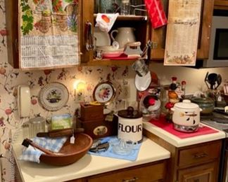 Vintage Kitchen Items, including a large Wooden Bowl, Kitchen Linens, MCM Electric Bean Crock, Flour Container, Old Thermos, and much, much more!