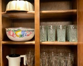 Glasses, Mixing Bowls, Cake Pans, Small MCM Coffee Pot, and Glasses