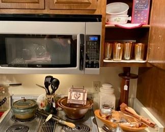 More Vintage Kitchen Items, including Knife Sharpeners, Signed Pottery, Wooden Bowls and Utensils, and 6 Amber Drinking Glasses