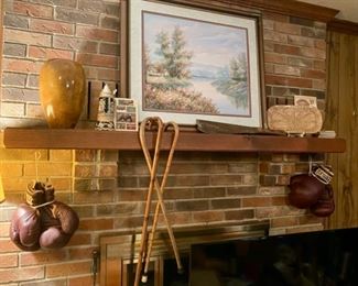 Wooden Walking Canes, c.1950's Boxing Gloves, and a Beautiful Handmade Teak Wooden Vase