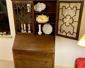 Gorgeous Top Detailing on this Antique Secretary and Milk Glass Vintage Pieces
