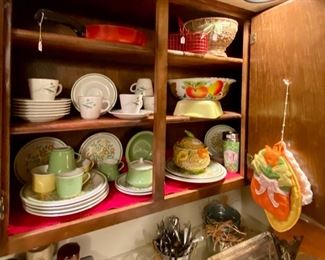 c.1970's Green and Yellow Floral Dishes and 6 Cups & Saucers made by Homer Laughlin 